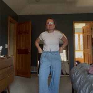 Casual Light Blue Drawstring Wide-Leg Pants